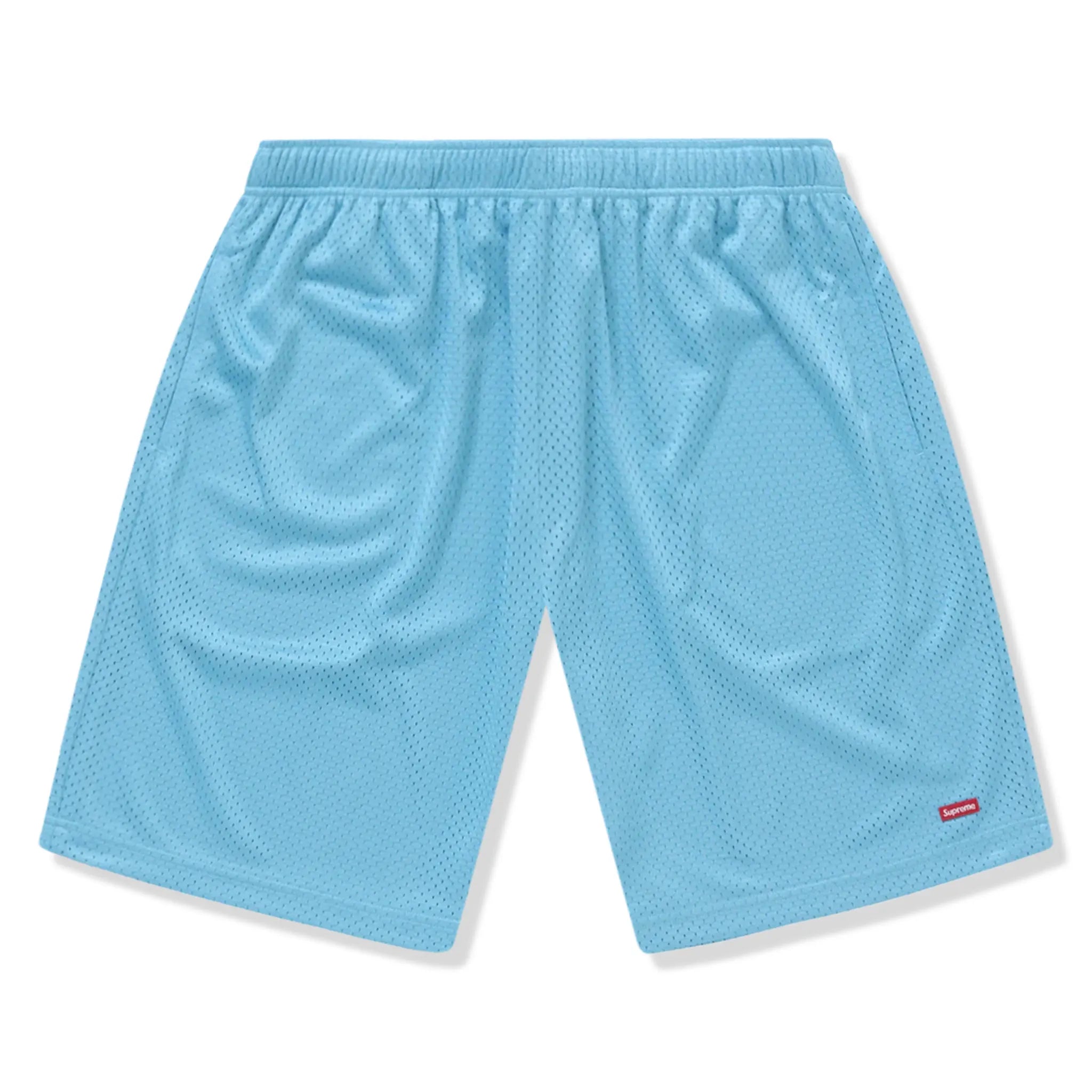Front View of Supreme Small Box Baggy Mesh Light Blue Shorts (SS25) SS25SH18-CYAN